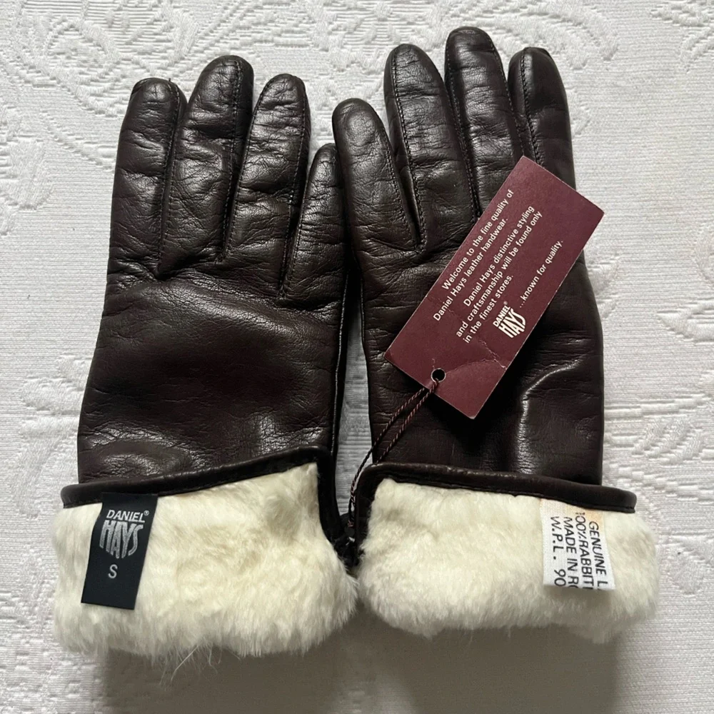 NWT Daniel Hays Brown Genuine Lambskin Rabbit Fur Lined Gloves SMALL Vintage